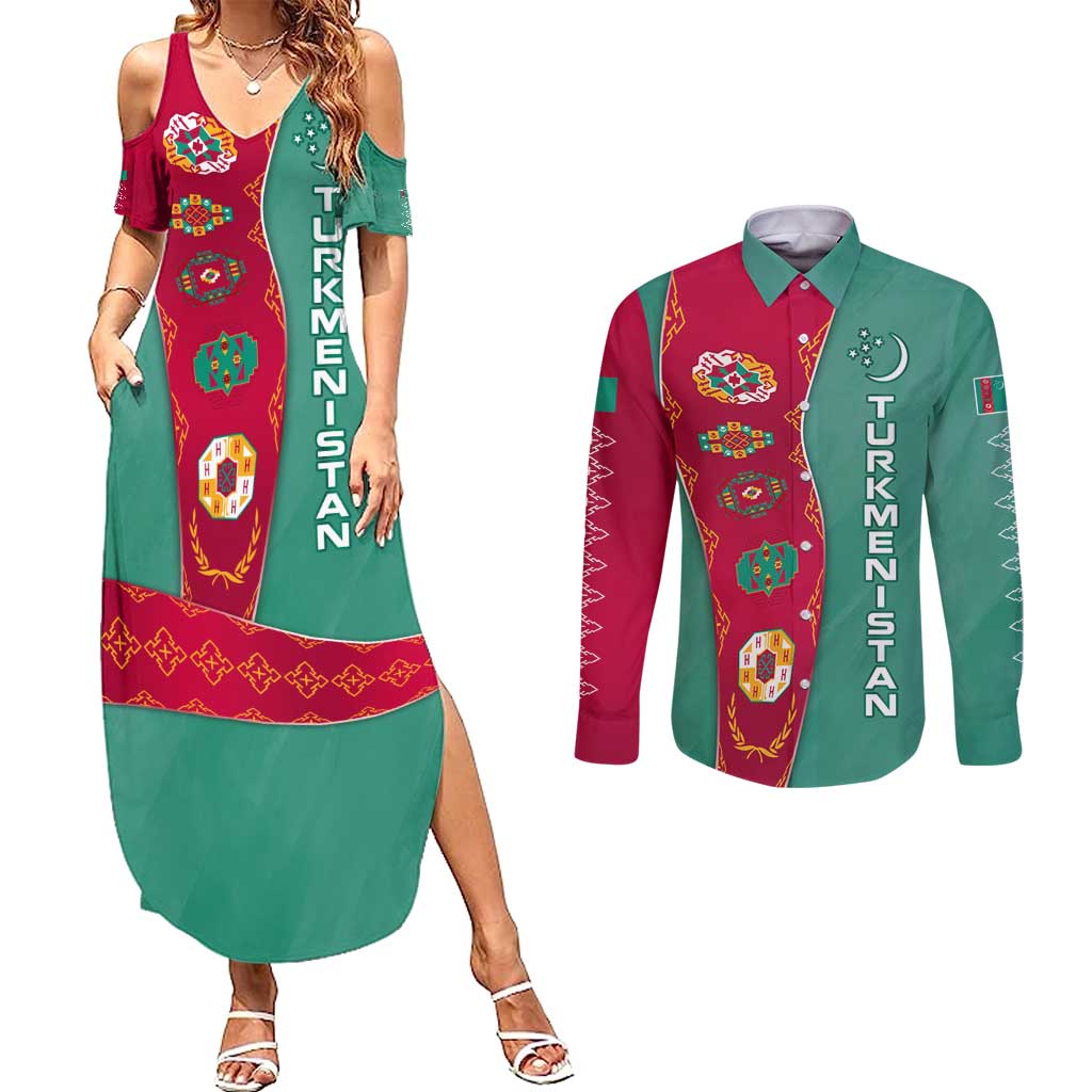 Turkmenistan National Symbols Couples Matching Summer Maxi Dress and Long Sleeve Button Shirt with Crescent Moon, Stars, and Traditional Carpet Pattern Design