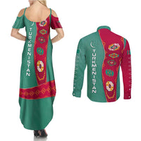 Turkmenistan National Symbols Couples Matching Summer Maxi Dress and Long Sleeve Button Shirt with Crescent Moon, Stars, and Traditional Carpet Pattern Design
