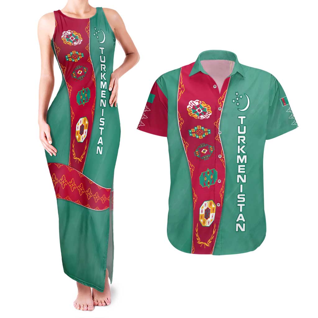 Turkmenistan National Symbols Couples Matching Tank Maxi Dress and Hawaiian Shirt with Crescent Moon, Stars, and Traditional Carpet Pattern Design