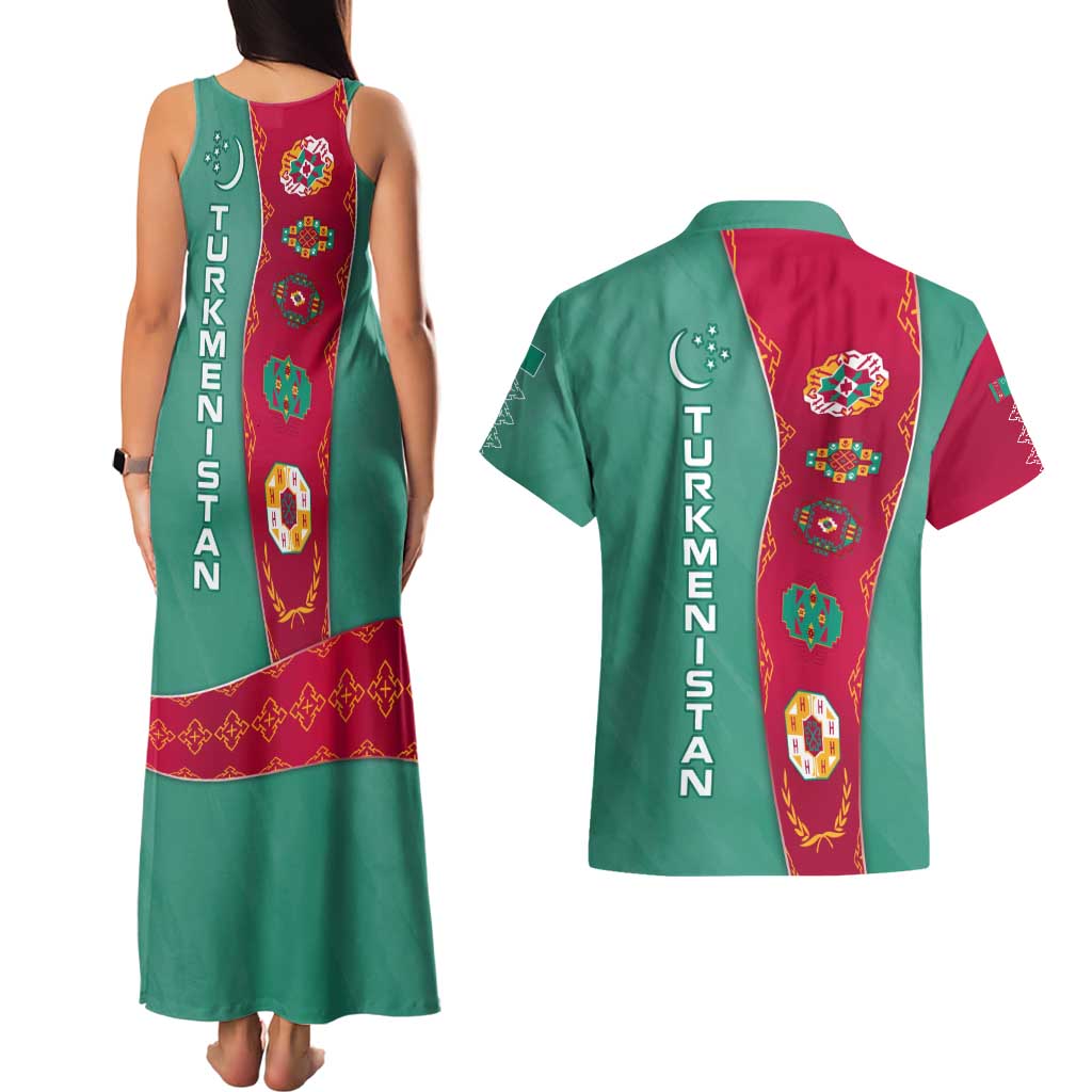 Turkmenistan National Symbols Couples Matching Tank Maxi Dress and Hawaiian Shirt with Crescent Moon, Stars, and Traditional Carpet Pattern Design