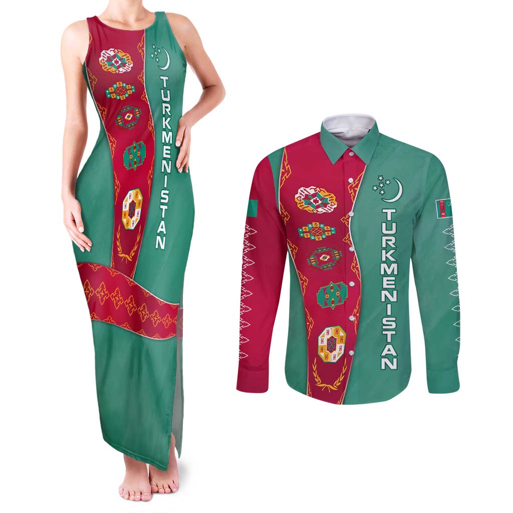 Turkmenistan National Symbols Couples Matching Tank Maxi Dress and Long Sleeve Button Shirt with Crescent Moon, Stars, and Traditional Carpet Pattern Design