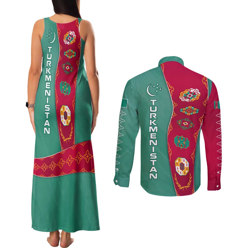 Turkmenistan National Symbols Couples Matching Tank Maxi Dress and Long Sleeve Button Shirt with Crescent Moon, Stars, and Traditional Carpet Pattern Design
