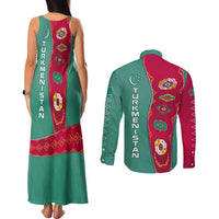 Turkmenistan National Symbols Couples Matching Tank Maxi Dress and Long Sleeve Button Shirt with Crescent Moon, Stars, and Traditional Carpet Pattern Design