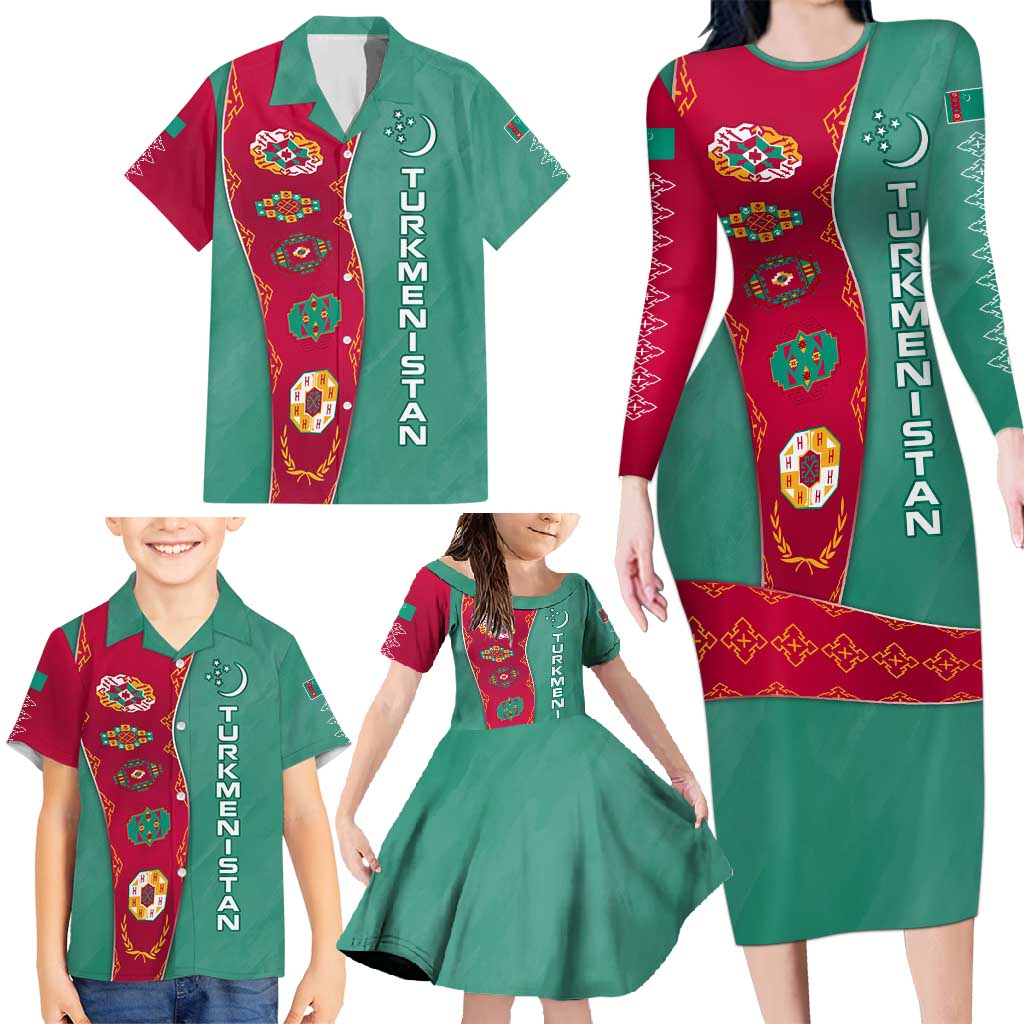 Turkmenistan National Symbols Family Matching Long Sleeve Bodycon Dress and Hawaiian Shirt with Crescent Moon, Stars, and Traditional Carpet Pattern Design