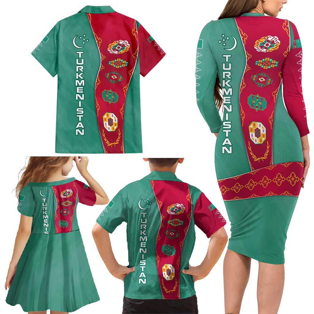 Turkmenistan National Symbols Family Matching Long Sleeve Bodycon Dress and Hawaiian Shirt with Crescent Moon, Stars, and Traditional Carpet Pattern Design