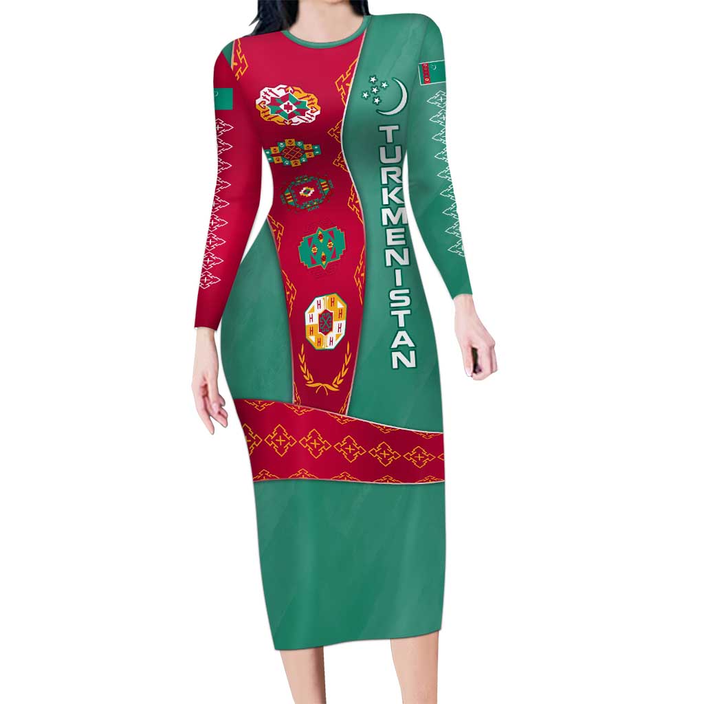 Turkmenistan National Symbols Family Matching Long Sleeve Bodycon Dress and Hawaiian Shirt with Crescent Moon, Stars, and Traditional Carpet Pattern Design