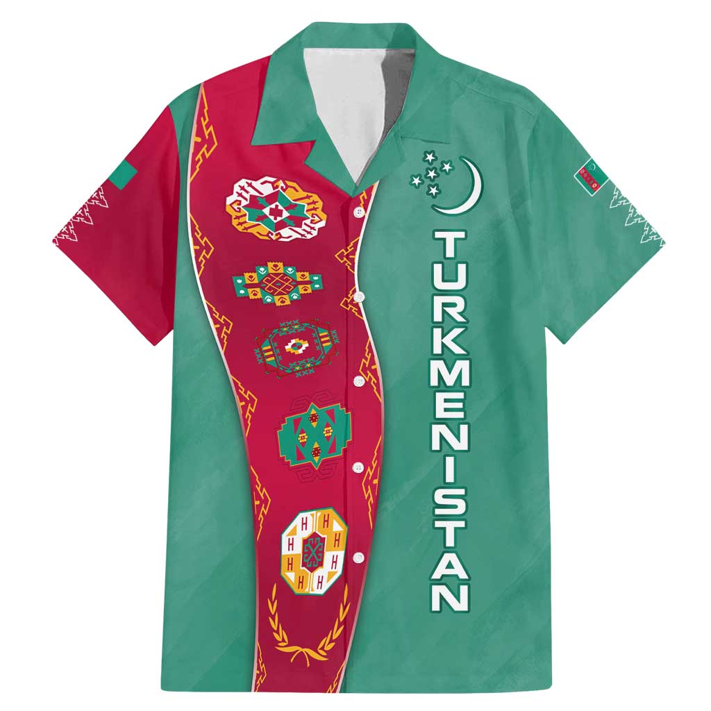 Turkmenistan National Symbols Family Matching Mermaid Dress and Hawaiian Shirt with Crescent Moon, Stars, and Traditional Carpet Pattern Design