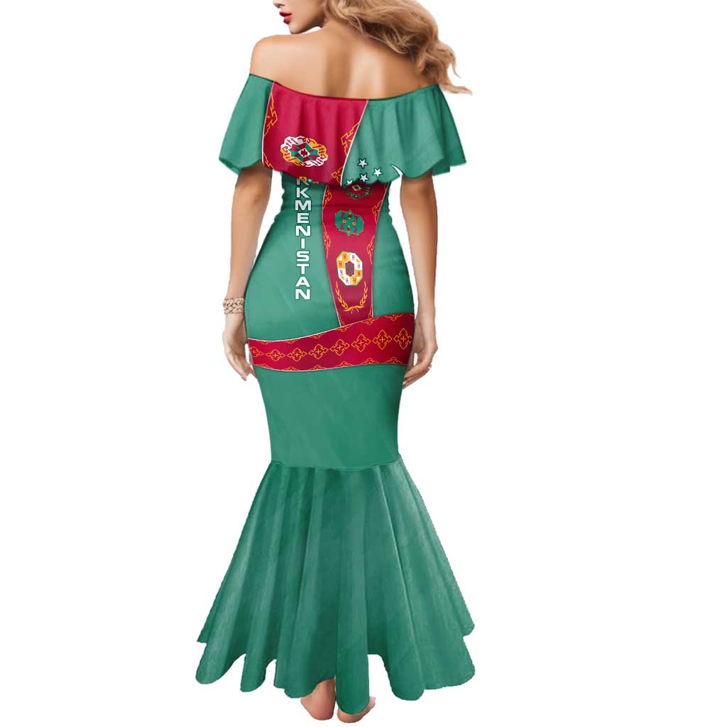 Turkmenistan National Symbols Family Matching Mermaid Dress and Hawaiian Shirt with Crescent Moon, Stars, and Traditional Carpet Pattern Design