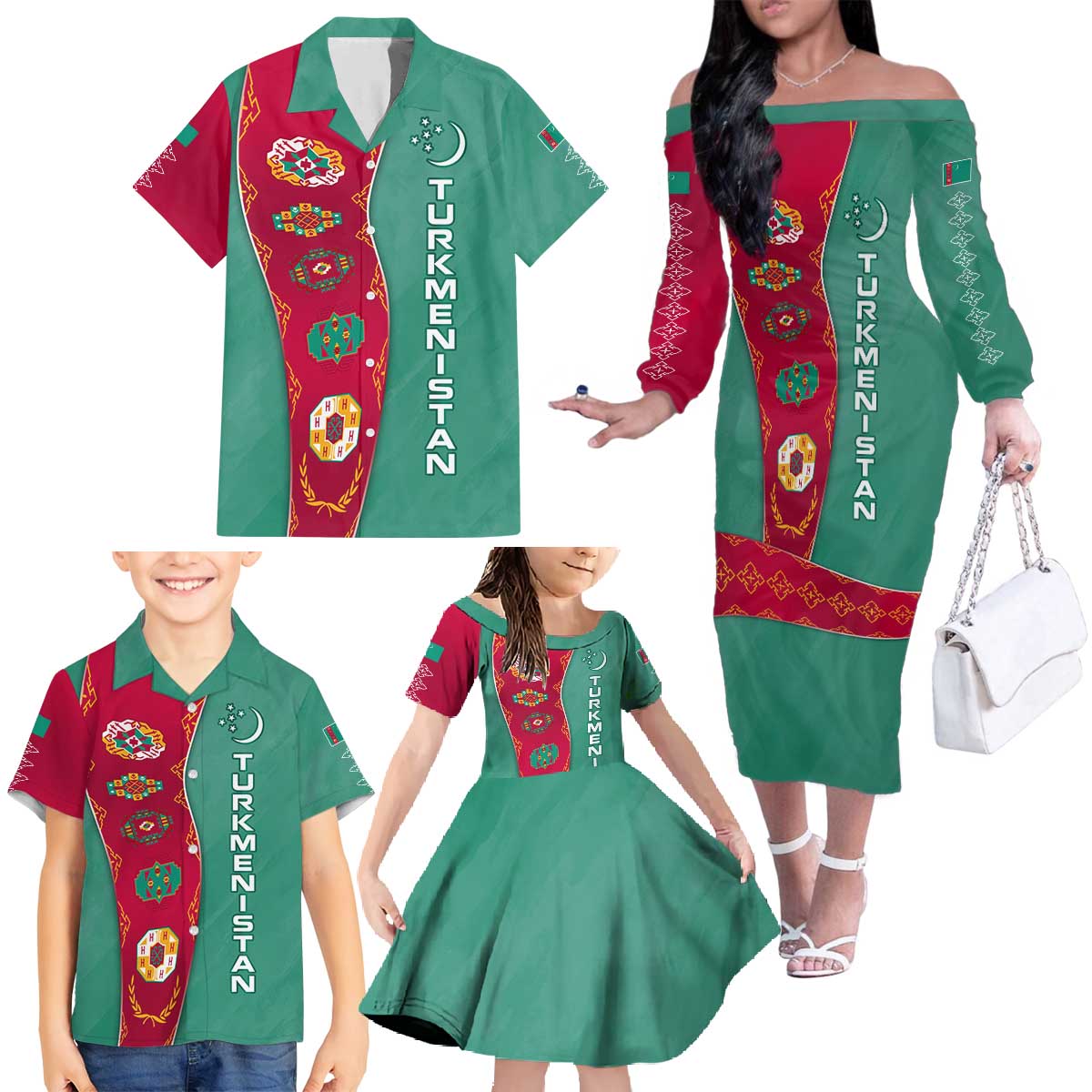 Turkmenistan National Symbols Family Matching Off The Shoulder Long Sleeve Dress and Hawaiian Shirt with Crescent Moon, Stars, and Traditional Carpet Pattern Design