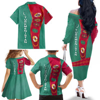 Turkmenistan National Symbols Family Matching Off The Shoulder Long Sleeve Dress and Hawaiian Shirt with Crescent Moon, Stars, and Traditional Carpet Pattern Design