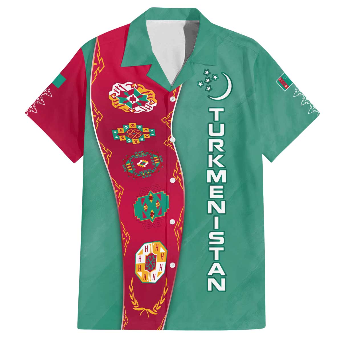 Turkmenistan National Symbols Family Matching Off The Shoulder Long Sleeve Dress and Hawaiian Shirt with Crescent Moon, Stars, and Traditional Carpet Pattern Design