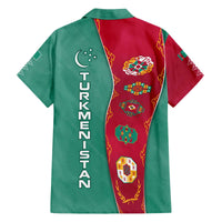 Turkmenistan National Symbols Family Matching Off The Shoulder Long Sleeve Dress and Hawaiian Shirt with Crescent Moon, Stars, and Traditional Carpet Pattern Design