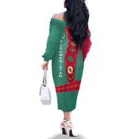 Turkmenistan National Symbols Family Matching Off The Shoulder Long Sleeve Dress and Hawaiian Shirt with Crescent Moon, Stars, and Traditional Carpet Pattern Design