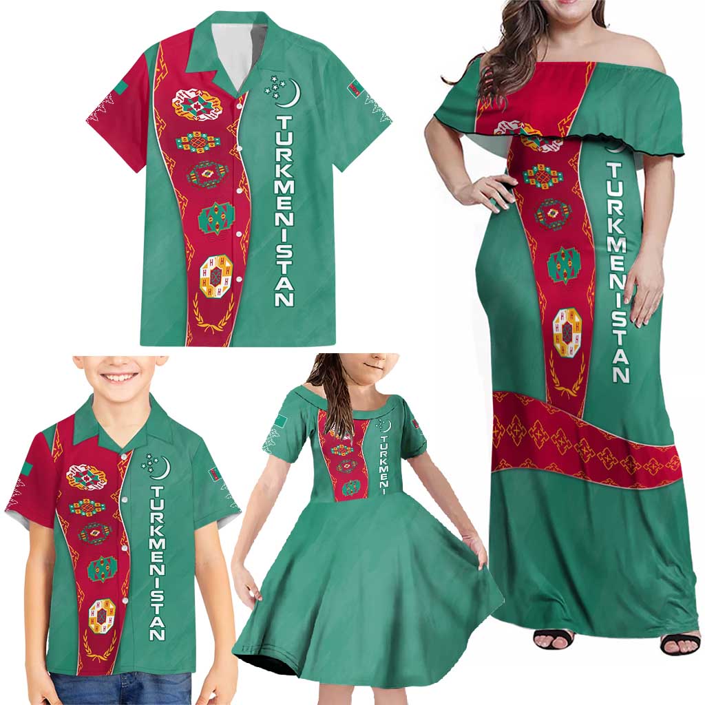 Turkmenistan National Symbols Family Matching Off Shoulder Maxi Dress and Hawaiian Shirt with Crescent Moon, Stars, and Traditional Carpet Pattern Design