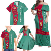 Turkmenistan National Symbols Family Matching Off Shoulder Maxi Dress and Hawaiian Shirt with Crescent Moon, Stars, and Traditional Carpet Pattern Design