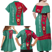 Turkmenistan National Symbols Family Matching Off Shoulder Maxi Dress and Hawaiian Shirt with Crescent Moon, Stars, and Traditional Carpet Pattern Design