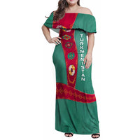 Turkmenistan National Symbols Family Matching Off Shoulder Maxi Dress and Hawaiian Shirt with Crescent Moon, Stars, and Traditional Carpet Pattern Design