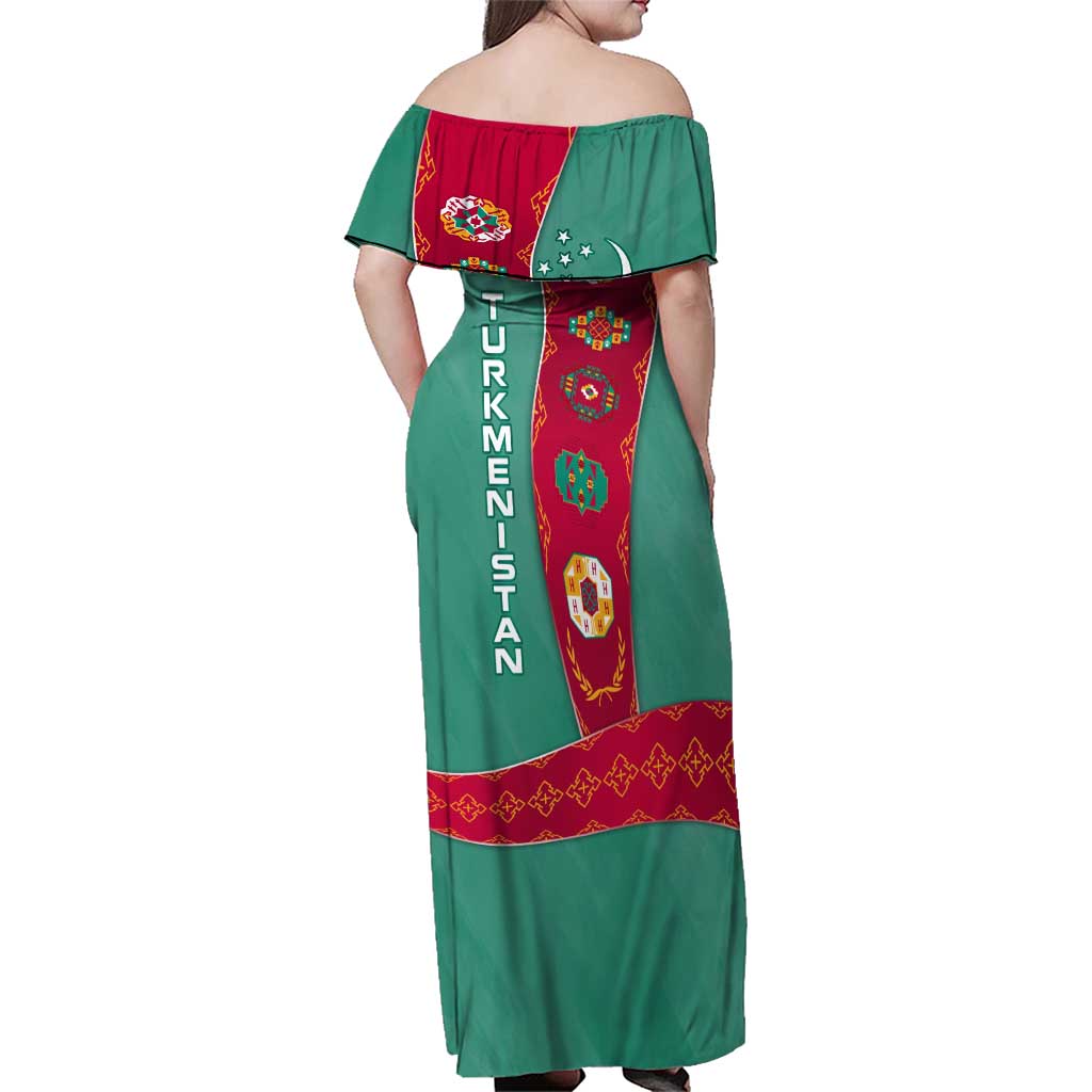 Turkmenistan National Symbols Family Matching Off Shoulder Maxi Dress and Hawaiian Shirt with Crescent Moon, Stars, and Traditional Carpet Pattern Design