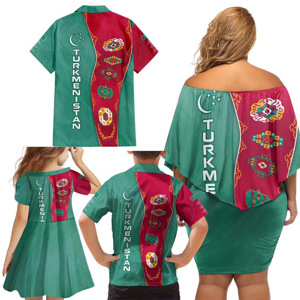 Turkmenistan National Symbols Family Matching Off Shoulder Short Dress and Hawaiian Shirt with Crescent Moon, Stars, and Traditional Carpet Pattern Design