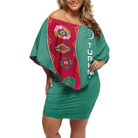 Turkmenistan National Symbols Family Matching Off Shoulder Short Dress and Hawaiian Shirt with Crescent Moon, Stars, and Traditional Carpet Pattern Design