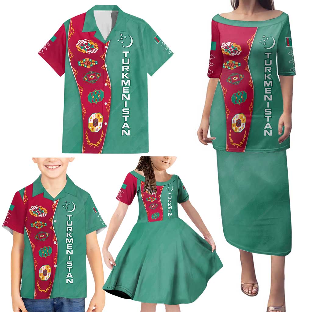 Turkmenistan National Symbols Family Matching Puletasi and Hawaiian Shirt with Crescent Moon, Stars, and Traditional Carpet Pattern Design