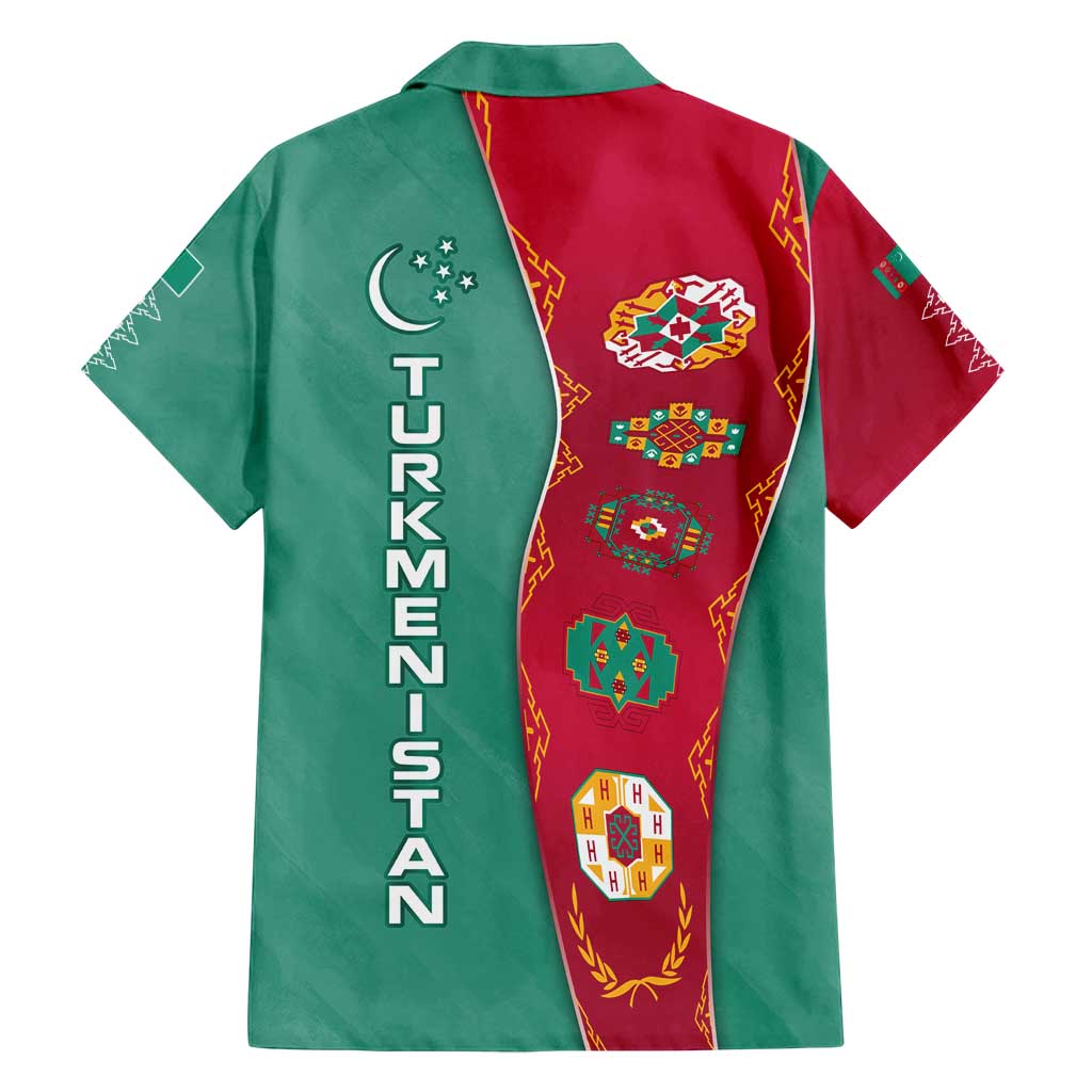 Turkmenistan National Symbols Family Matching Puletasi and Hawaiian Shirt with Crescent Moon, Stars, and Traditional Carpet Pattern Design