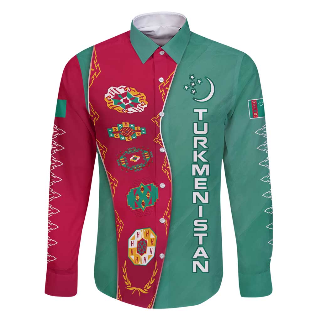 Turkmenistan National Symbols Family Matching Puletasi and Hawaiian Shirt with Crescent Moon, Stars, and Traditional Carpet Pattern Design