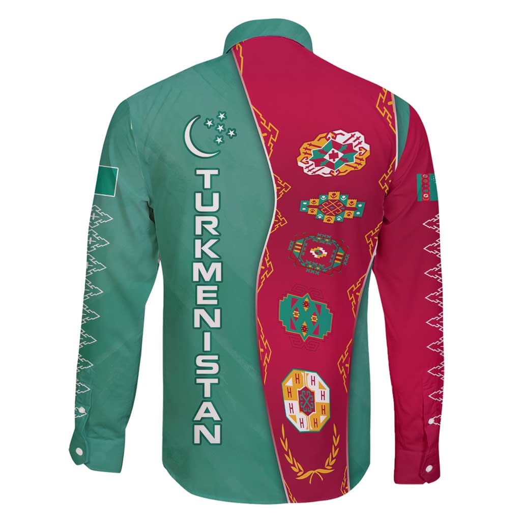 Turkmenistan National Symbols Family Matching Puletasi and Hawaiian Shirt with Crescent Moon, Stars, and Traditional Carpet Pattern Design