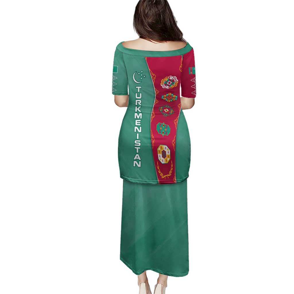 Turkmenistan National Symbols Family Matching Puletasi and Hawaiian Shirt with Crescent Moon, Stars, and Traditional Carpet Pattern Design