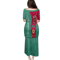 Turkmenistan National Symbols Family Matching Puletasi and Hawaiian Shirt with Crescent Moon, Stars, and Traditional Carpet Pattern Design