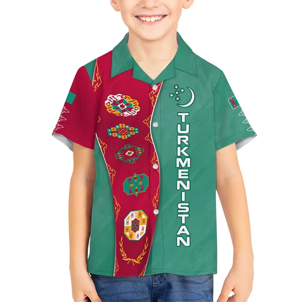 Turkmenistan National Symbols Family Matching Puletasi and Hawaiian Shirt with Crescent Moon, Stars, and Traditional Carpet Pattern Design