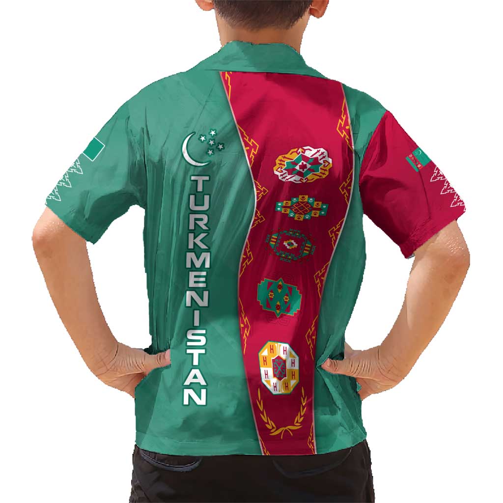 Turkmenistan National Symbols Family Matching Short Sleeve Bodycon Dress and Hawaiian Shirt with Crescent Moon, Stars, and Traditional Carpet Pattern Design