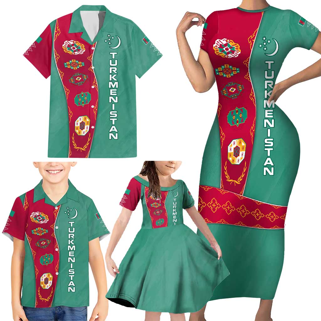 Turkmenistan National Symbols Family Matching Short Sleeve Bodycon Dress and Hawaiian Shirt with Crescent Moon, Stars, and Traditional Carpet Pattern Design