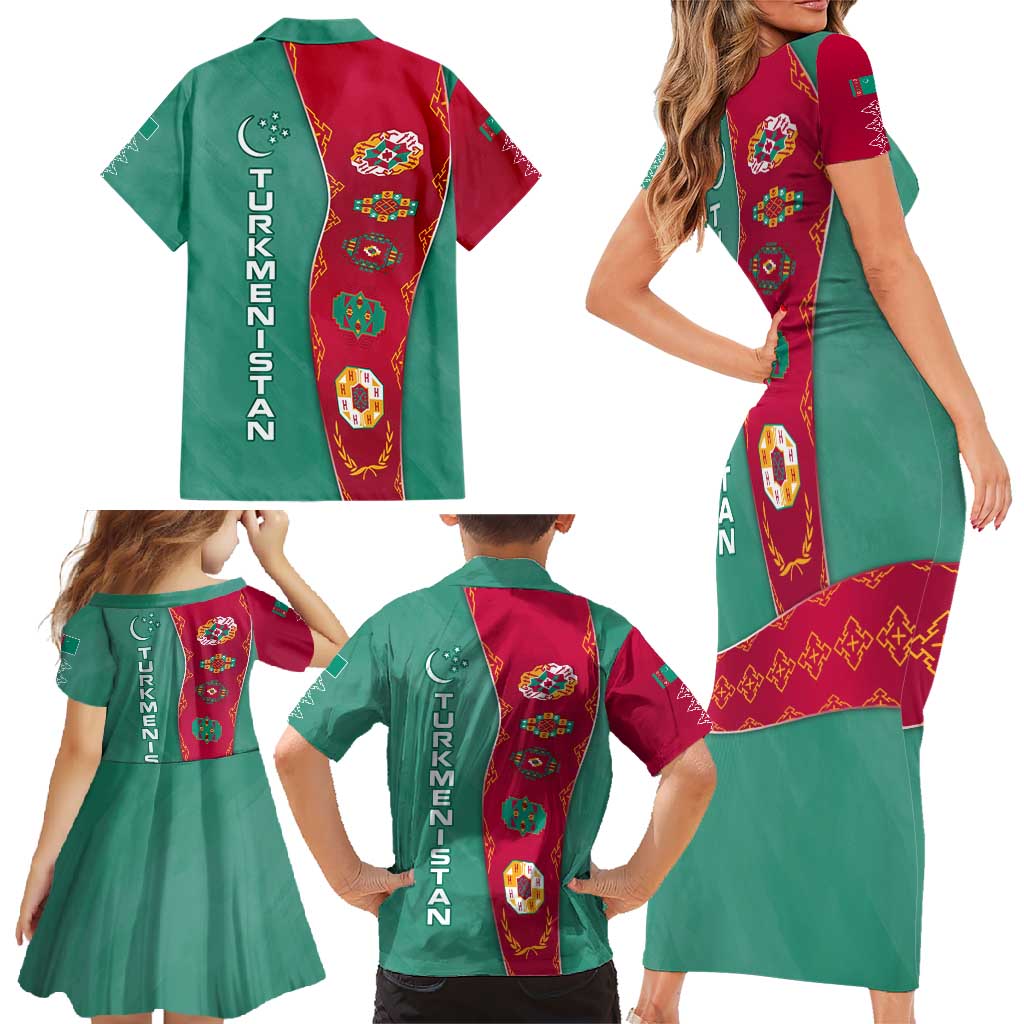Turkmenistan National Symbols Family Matching Short Sleeve Bodycon Dress and Hawaiian Shirt with Crescent Moon, Stars, and Traditional Carpet Pattern Design