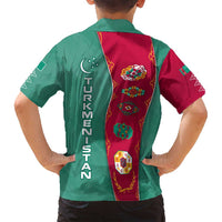 Turkmenistan National Symbols Family Matching Summer Maxi Dress and Hawaiian Shirt with Crescent Moon, Stars, and Traditional Carpet Pattern Design