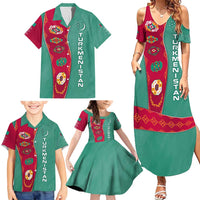 Turkmenistan National Symbols Family Matching Summer Maxi Dress and Hawaiian Shirt with Crescent Moon, Stars, and Traditional Carpet Pattern Design