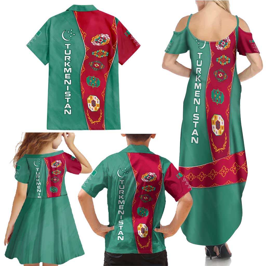 Turkmenistan National Symbols Family Matching Summer Maxi Dress and Hawaiian Shirt with Crescent Moon, Stars, and Traditional Carpet Pattern Design
