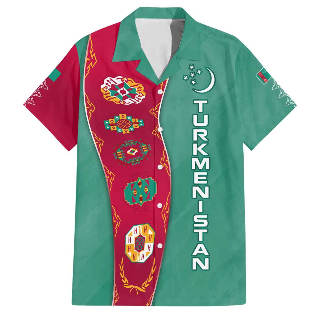 Turkmenistan National Symbols Family Matching Summer Maxi Dress and Hawaiian Shirt with Crescent Moon, Stars, and Traditional Carpet Pattern Design