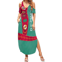 Turkmenistan National Symbols Family Matching Summer Maxi Dress and Hawaiian Shirt with Crescent Moon, Stars, and Traditional Carpet Pattern Design