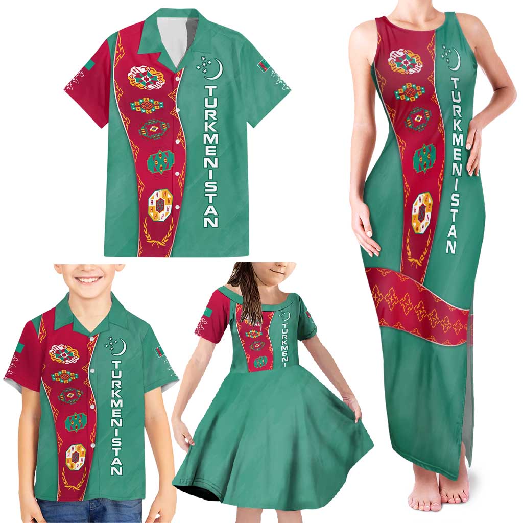 Turkmenistan National Symbols Family Matching Tank Maxi Dress and Hawaiian Shirt with Crescent Moon, Stars, and Traditional Carpet Pattern Design