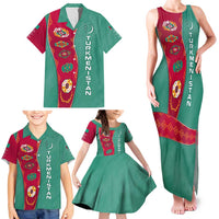 Turkmenistan National Symbols Family Matching Tank Maxi Dress and Hawaiian Shirt with Crescent Moon, Stars, and Traditional Carpet Pattern Design