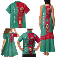 Turkmenistan National Symbols Family Matching Tank Maxi Dress and Hawaiian Shirt with Crescent Moon, Stars, and Traditional Carpet Pattern Design