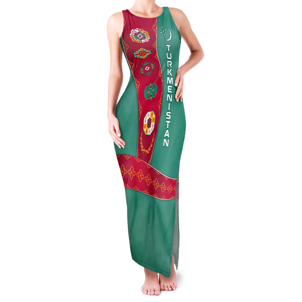 Turkmenistan National Symbols Family Matching Tank Maxi Dress and Hawaiian Shirt with Crescent Moon, Stars, and Traditional Carpet Pattern Design