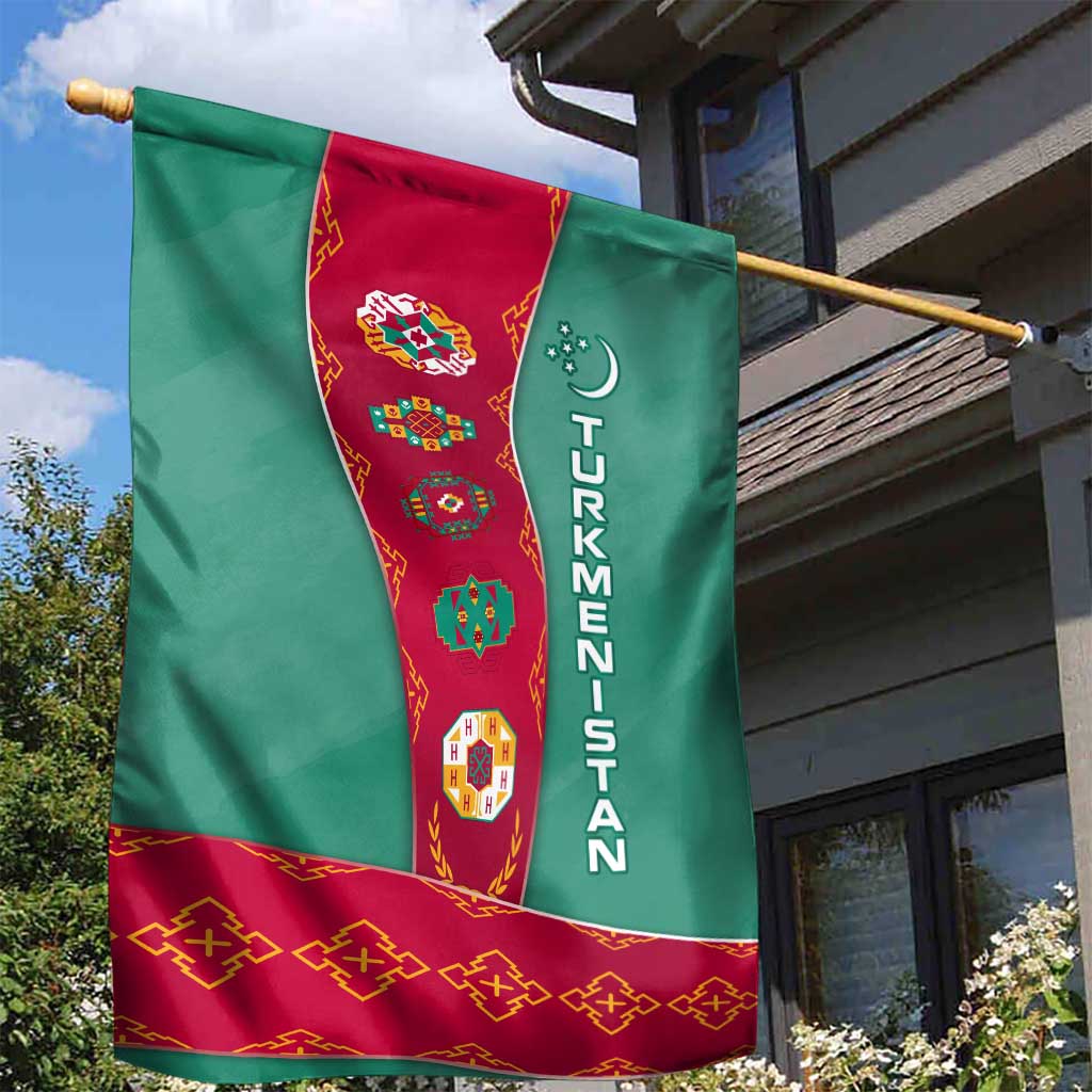 Turkmenistan National Symbols Garden Flag with Crescent Moon, Stars, and Traditional Carpet Pattern Design
