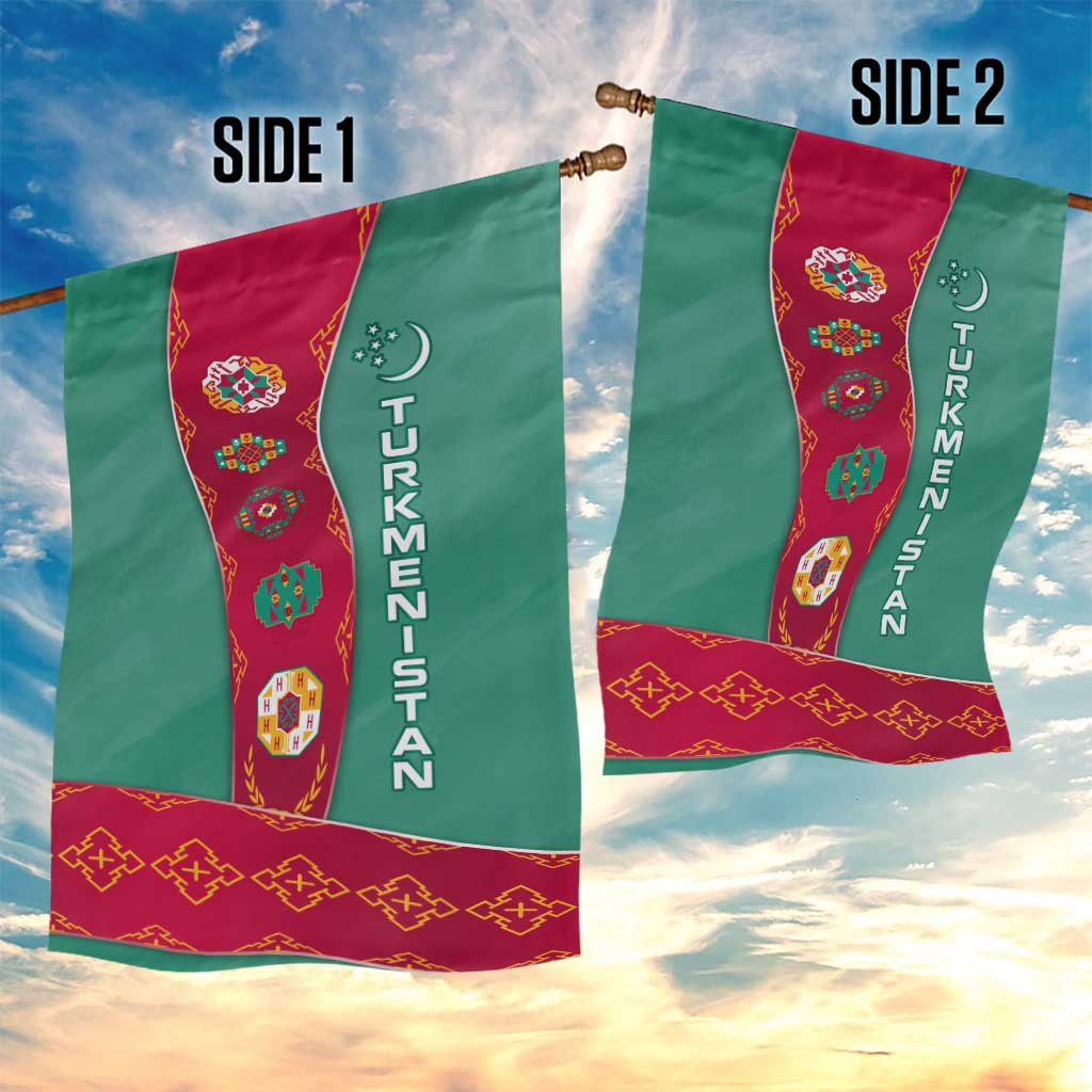 Turkmenistan National Symbols Garden Flag with Crescent Moon, Stars, and Traditional Carpet Pattern Design