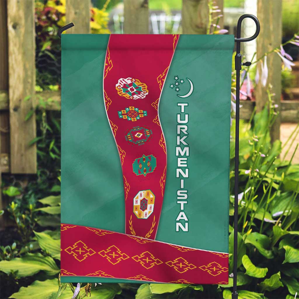 Turkmenistan National Symbols Garden Flag with Crescent Moon, Stars, and Traditional Carpet Pattern Design