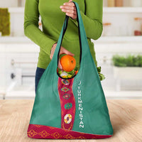 Turkmenistan National Symbols Grocery Bag with Crescent Moon, Stars, and Traditional Carpet Pattern Design