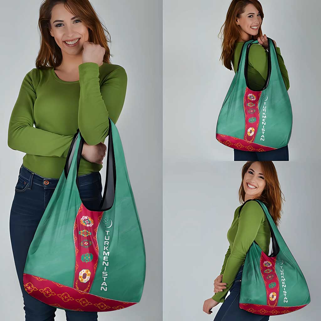 Turkmenistan National Symbols Grocery Bag with Crescent Moon, Stars, and Traditional Carpet Pattern Design