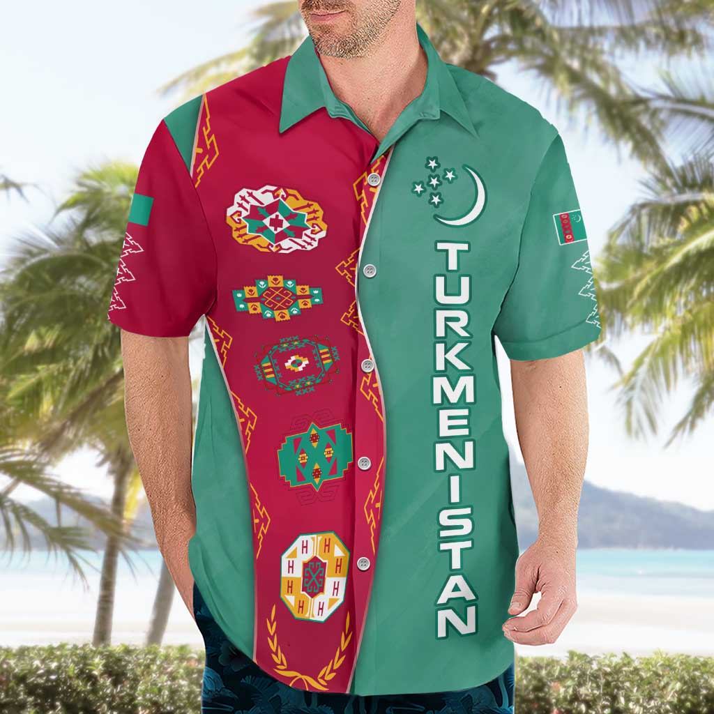 Turkmenistan National Symbols Hawaiian Shirt with Crescent Moon, Stars, and Traditional Carpet Pattern Design