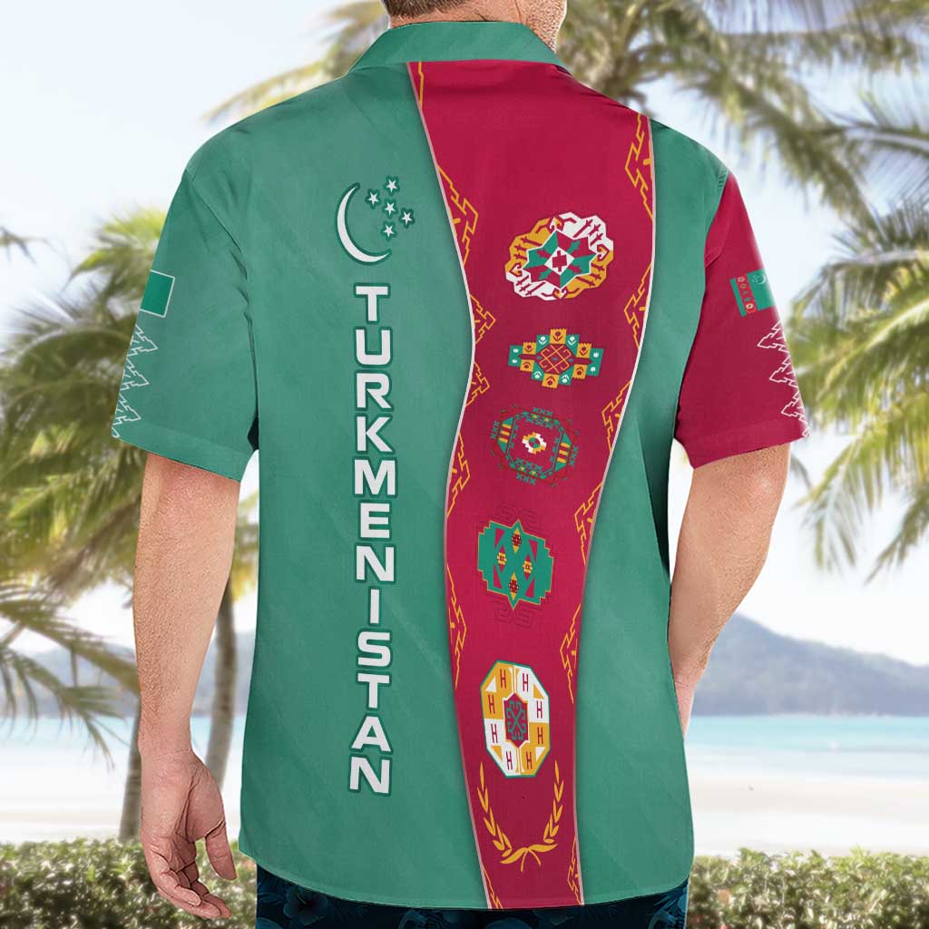 Turkmenistan National Symbols Hawaiian Shirt with Crescent Moon, Stars, and Traditional Carpet Pattern Design